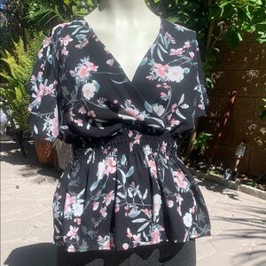 Floral Black Wrap Blouse